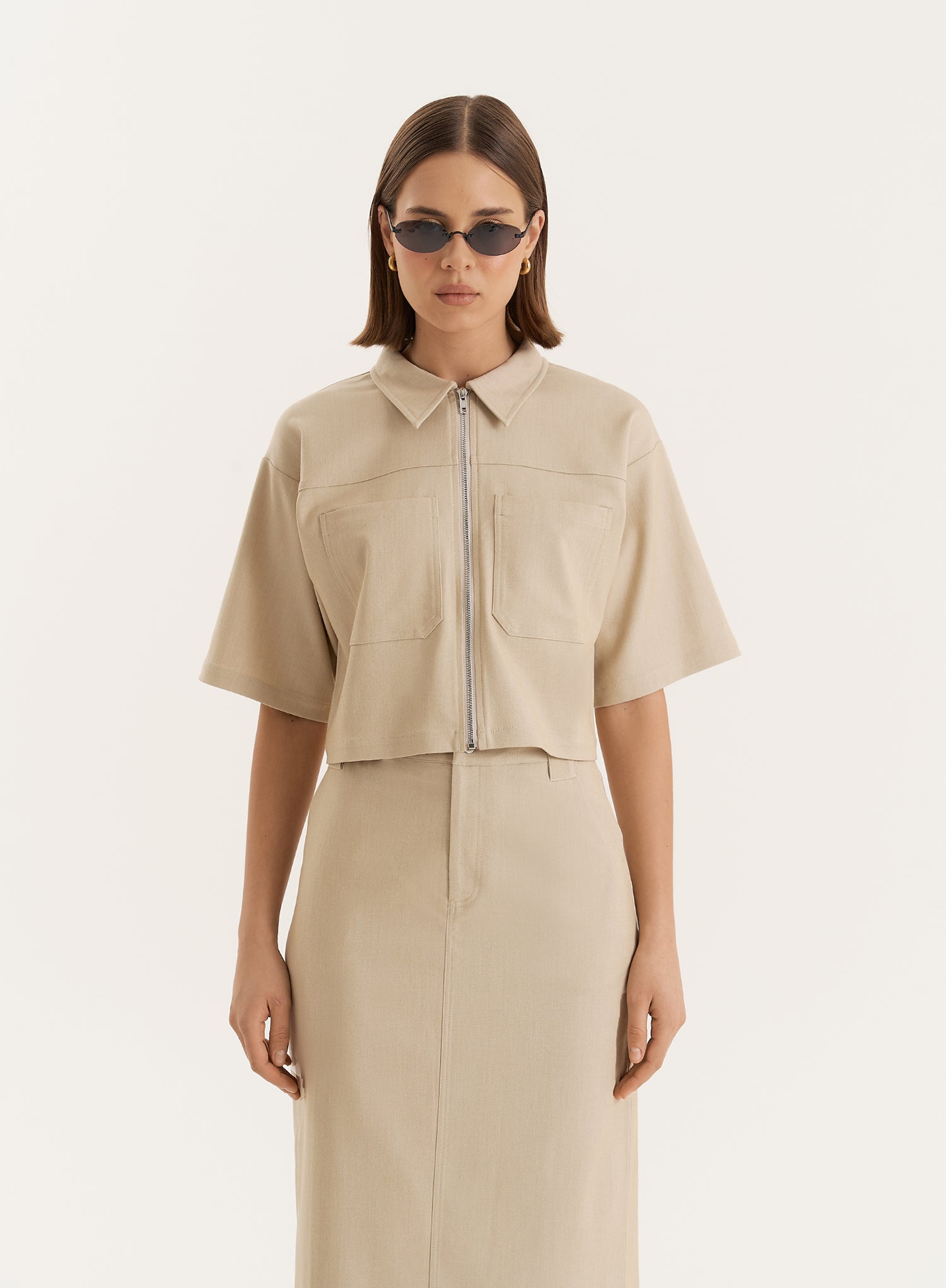 Beige Cropped Tailored Zip Through Shirt